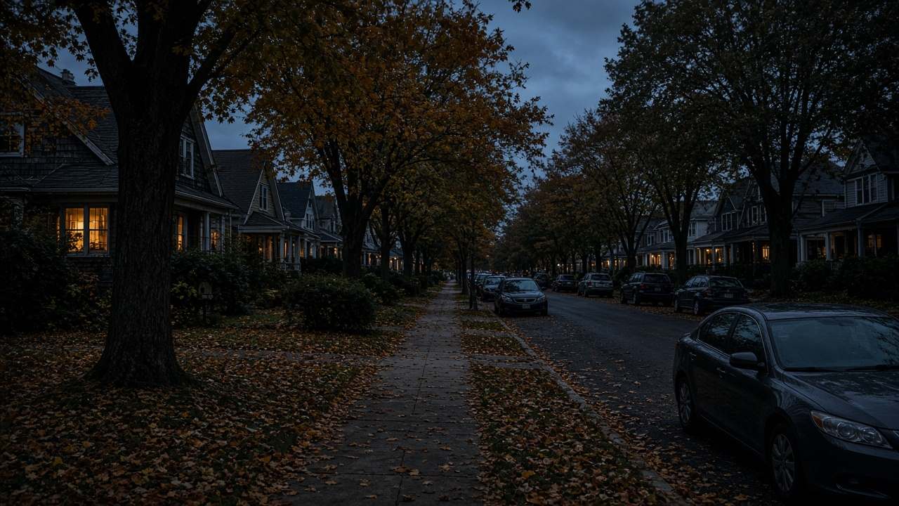 Blue hour on a tree-lined street in Merrick, Long Island: warm windows, autumn, parked cars.