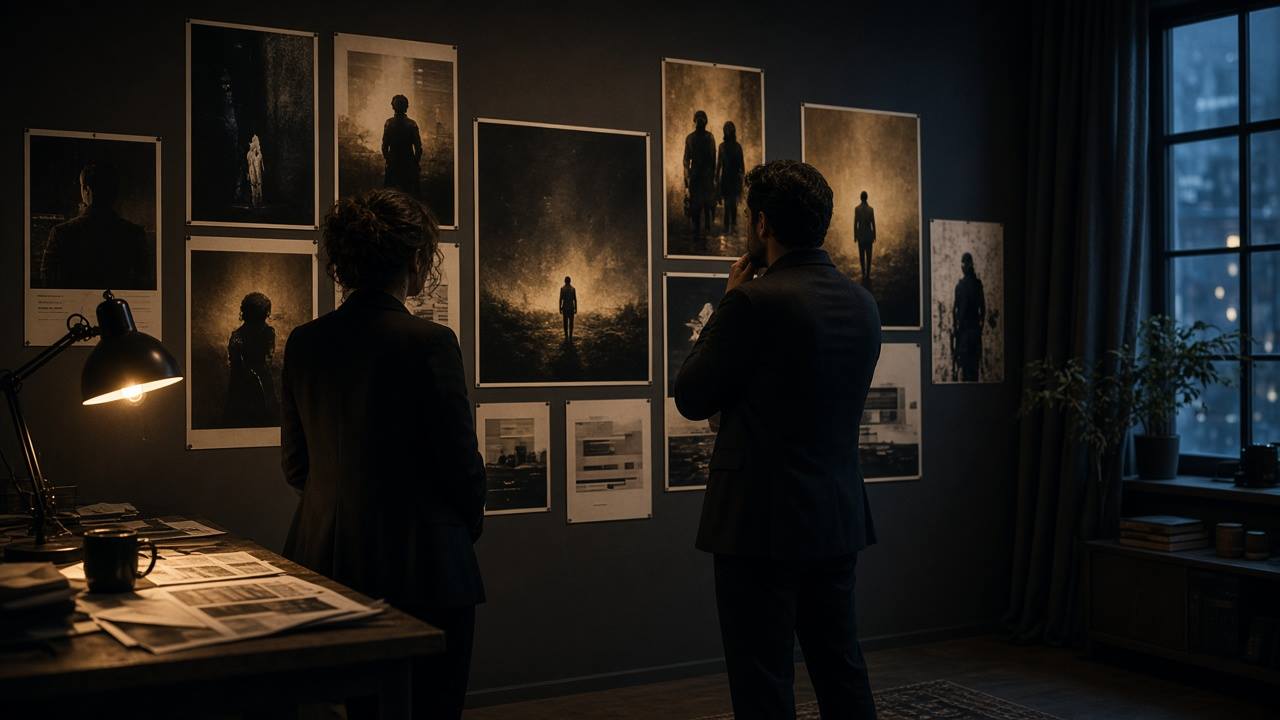 Two people in the advertising studio reviewing printed film posters and campaign boards on the wall.