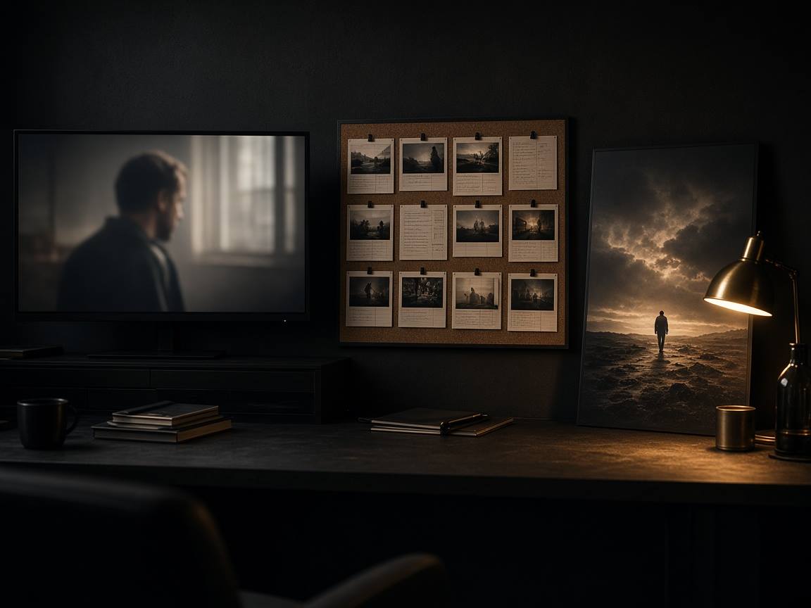 Agency screening room: a monitor, storyboard cards, and a film campaign poster against the wall.