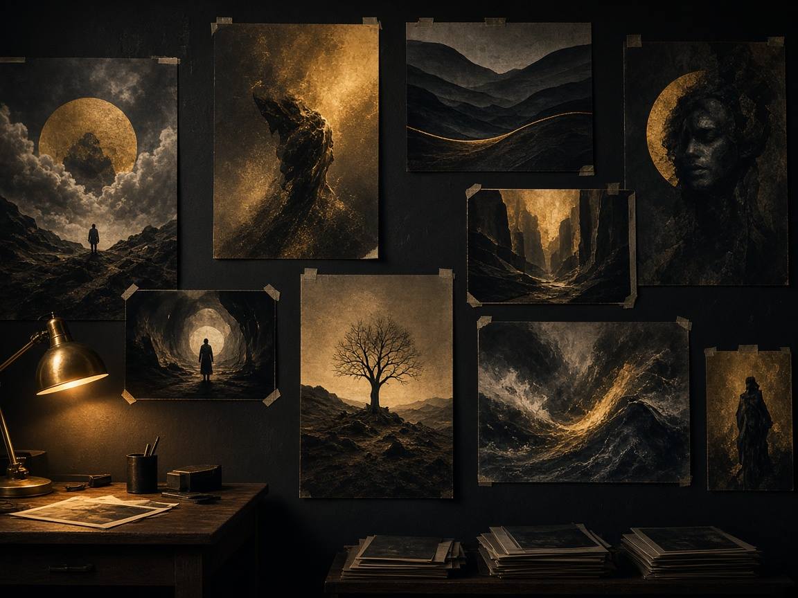 Studio wall of printed film posters and outdoor advertising proofs, clips and warm lamp light.