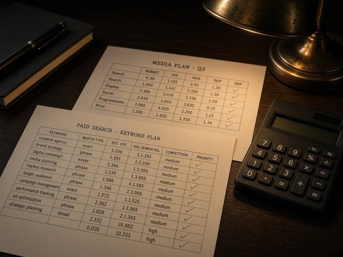 Paid-search media plans on cream paper, pencil ticks, calculator, tungsten lamp on a dark desk.
